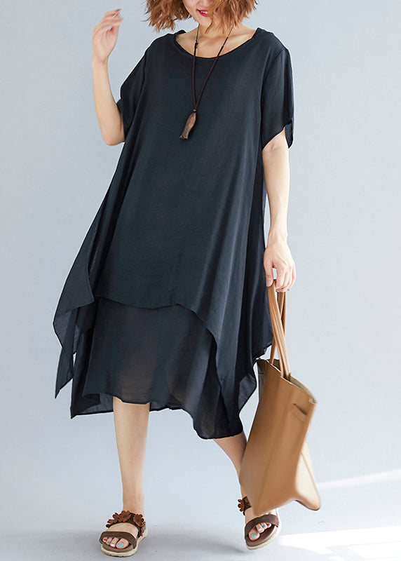 Vivid Black Linen-cotton Tunics for Fabrics O Neck Asymmetric Oversized Summer Dress