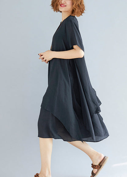 Vivid Black Flowers and Birds Linen-cotton Tunics for Fabrics O Neck Asymmetric Oversized Summer Dress