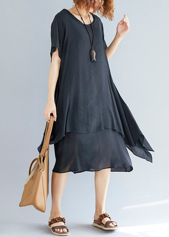 Vivid Black Linen-cotton Tunics for Fabrics O Neck Asymmetric Oversized Summer Dress