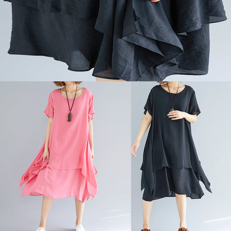 Vivid Black Linen-cotton Tunics for Fabrics O Neck Asymmetric Oversized Summer Dress