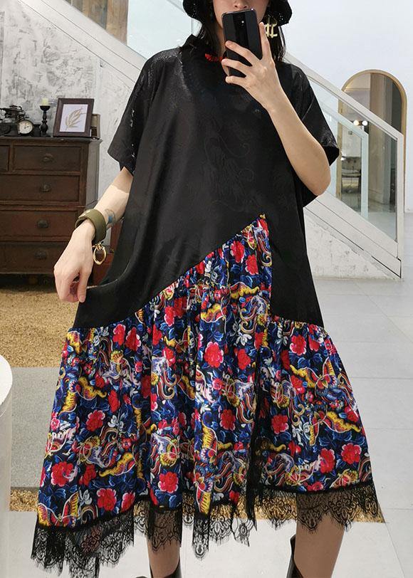 Vivid Black Patchwork Prints Cotton Clothes Chinese Button Summer Dress