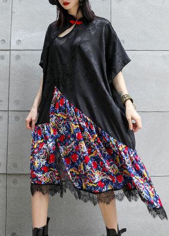 Vivid Black Patchwork Prints Cotton Clothes Chinese Button Summer Dress