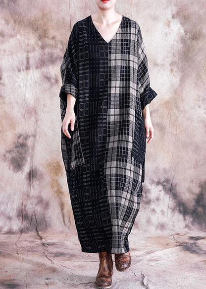 Vivid Black Plaid Linen Cotton Robes V Neck Tie Waist Dresses Fall Dresses