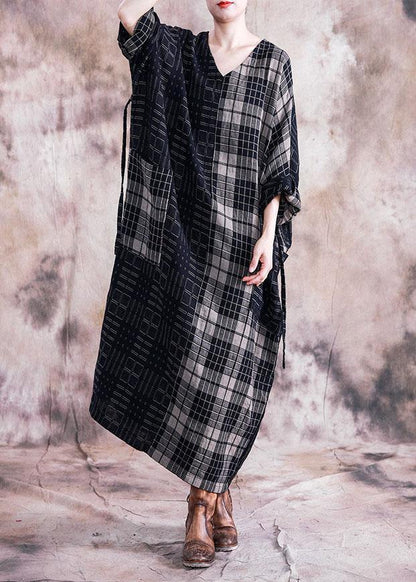 Vivid Black Plaid Linen Cotton Robes V Neck Tie Waist Dresses Fall Dresses
