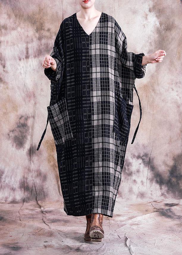 Vivid Black Plaid Linen Cotton Robes V Neck Tie Waist Dresses Fall Dresses