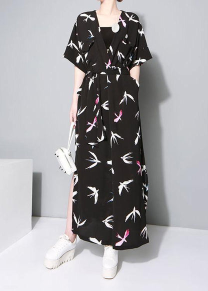 Vivid Black Prints Chiffon Clothes Side Open Traveling Summer Dresses