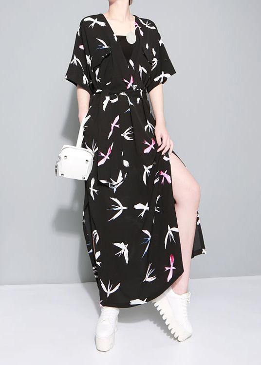 Vivid Black Prints Chiffon Clothes Side Open Traveling Summer Dresses