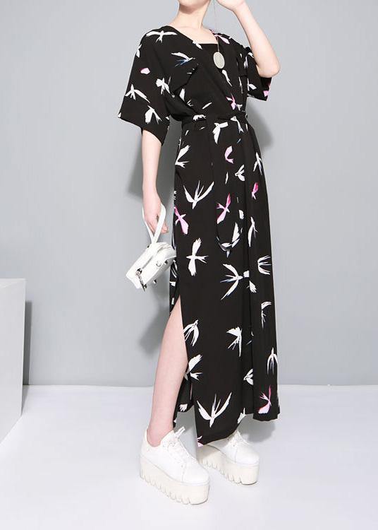 Vivid Black Prints Chiffon Clothes Side Open Traveling Summer Dresses