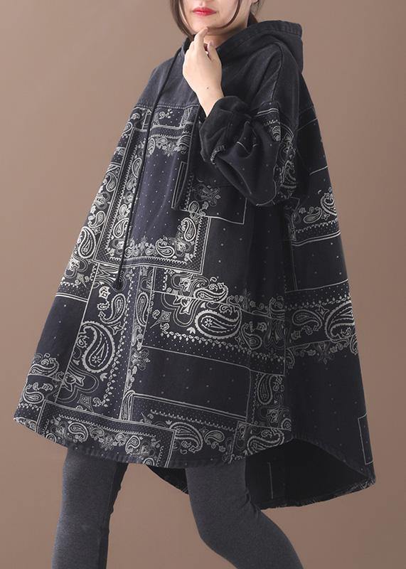 Vivid Black Thick Cotton Quilting Clothes Hooded Short Patchwork Dresses