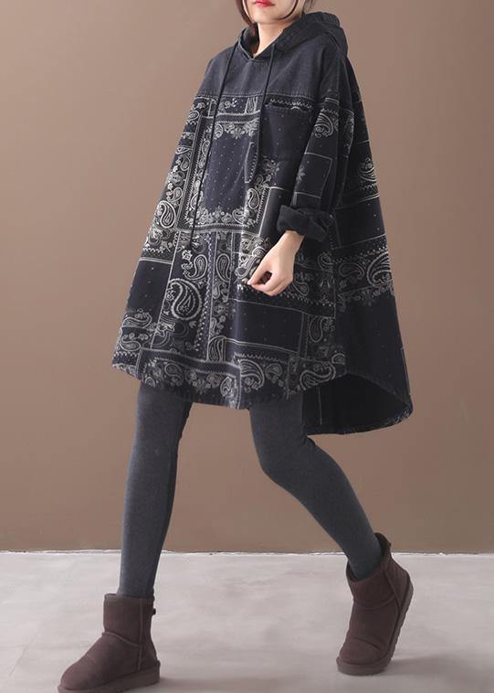 Vivid Black Thick Cotton Quilting Clothes Hooded Short Patchwork Dresses