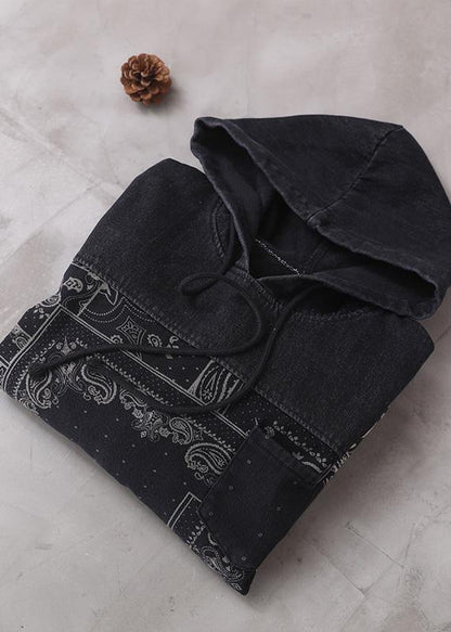 Vivid Black Thick Cotton Quilting Clothes Hooded Short Patchwork Dresses
