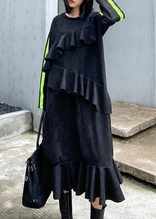 Vivid Black Tunics for O Neck Ruffles Traveling Dress