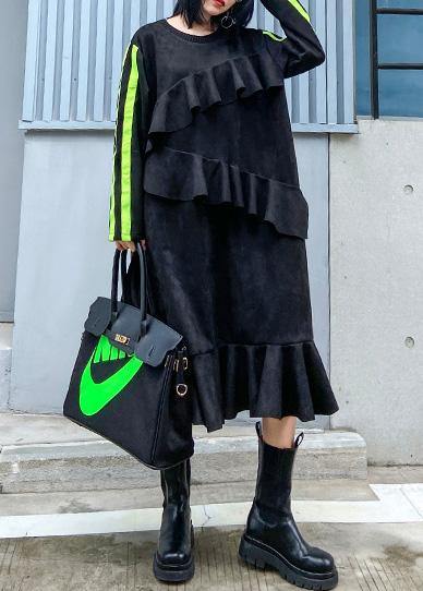 Vivid Black Tunics for O Neck Ruffles Traveling Dress