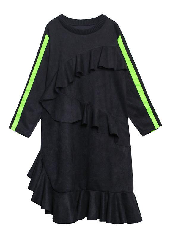 Vivid Black Tunics for O Neck Ruffles Traveling Dress