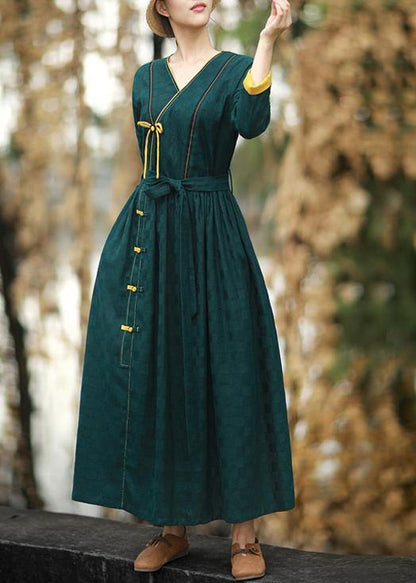 Vivid Blackish Green Plaid Clothes for V Neck Chinese Button Maxi Spring Dresses
