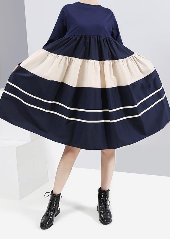 Vivid Blue Cotton Outfit Long Sleeve a Line Patchwork Dress