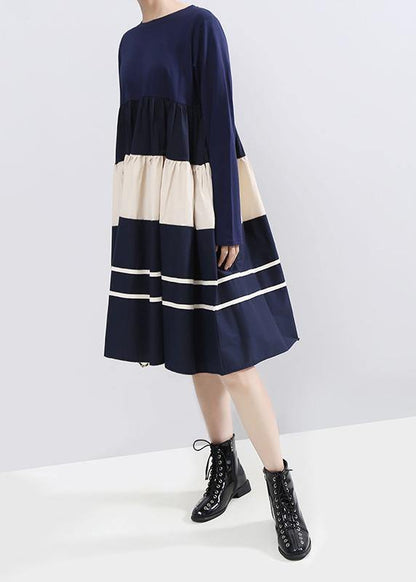 Vivid Blue Cotton Outfit Long Sleeve a Line Patchwork Dress