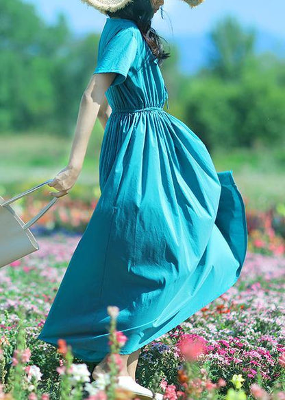 Vivid Blue Cotton Tunic Top O Neck Drawstring Long Summer Dress