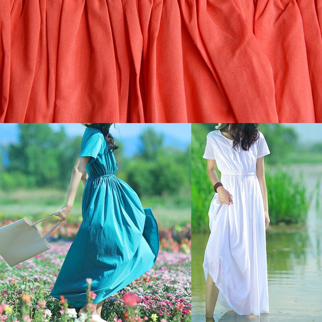 Vivid Blue Cotton Tunic Top O Neck Drawstring Long Summer Dress