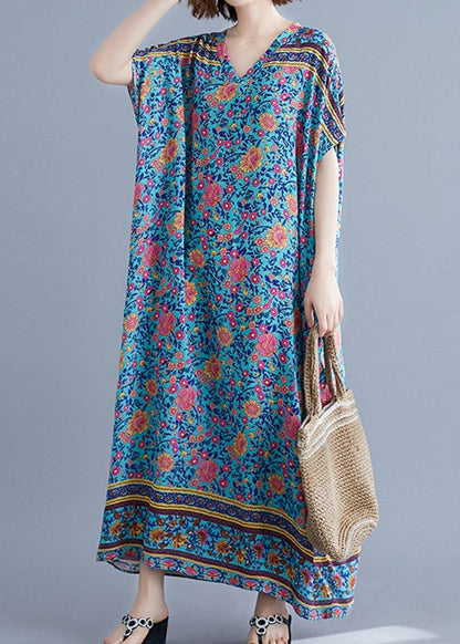 Vivid Blue Print Long V Neck Batwing Sleeve Art Summer Dress