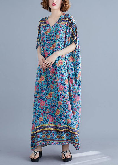 Vivid Blue Print Long V Neck Batwing Sleeve Art Summer Dress
