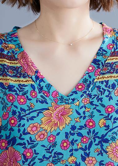 Vivid Blue Print Long V Neck Batwing Sleeve Art Summer Dress