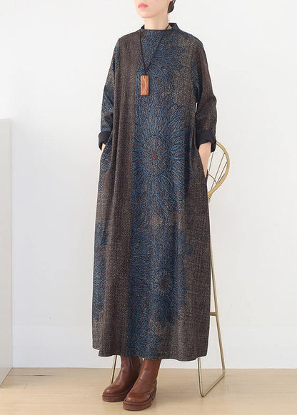 Vivid Blue Print Clothes Stand Collar Pockets a Line Fall Dress