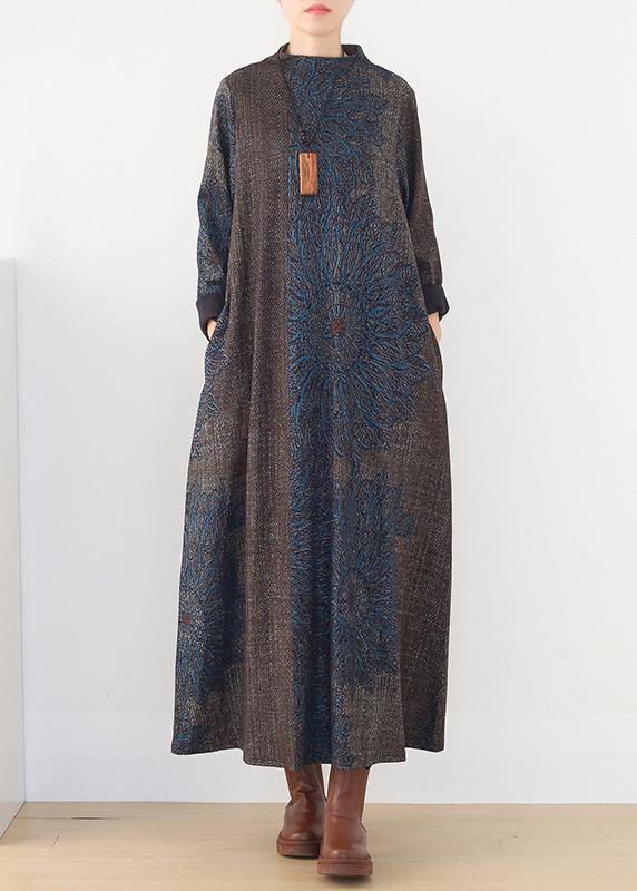 Vivid Blue Print Clothes Stand Collar Pockets a Line Fall Dress