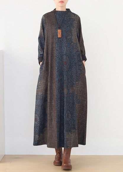 Vivid Blue Print Clothes Stand Collar Pockets a Line Fall Dress