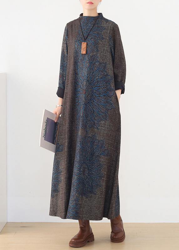 Vivid Blue Print Clothes Stand Collar Pockets a Line Fall Dress