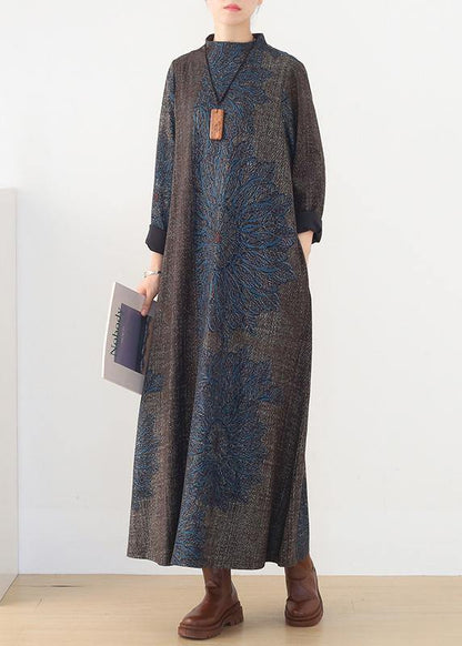 Vivid Blue Print Clothes Stand Collar Pockets a Line Fall Dress