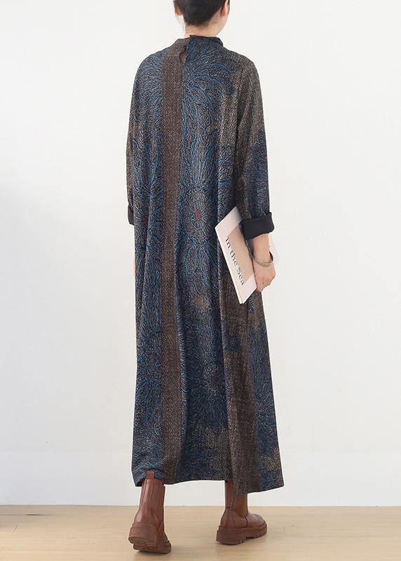 Vivid Blue Print Clothes Stand Collar Pockets a Line Fall Dress