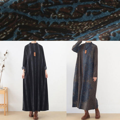Vivid Blue Print Clothes Stand Collar Pockets a Line Fall Dress