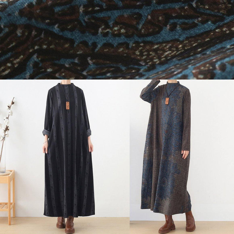 Vivid Blue Print Clothes Stand Collar Pockets a Line Fall Dress