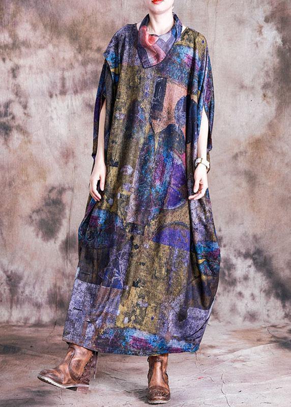 Vivid Blue Print Cotton Dress O Neck Batwing Sleeve Maxi Fall Dress