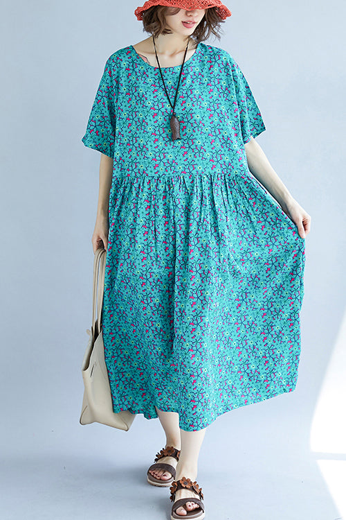 Vivid Blue Print Cotton Linen Clothes Fine Design O Neck Cinched Kaftan Summer Dress