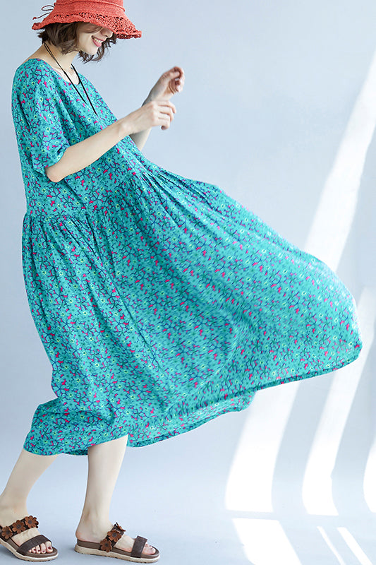 Vivid Blue Print Cotton Linen Clothes Fine Design O Neck Cinched Kaftan Summer Dress