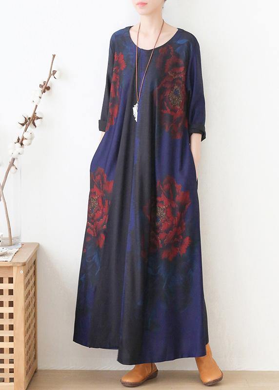 Vivid Blue Print Dress O Neck Pockets Maxi Fall Dress