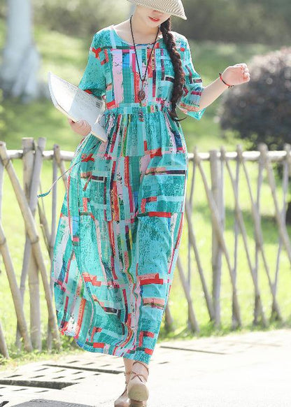 Vivid Blue Print Linen Long Shirts Korea Sewing O Neck Clothing Summer Dress