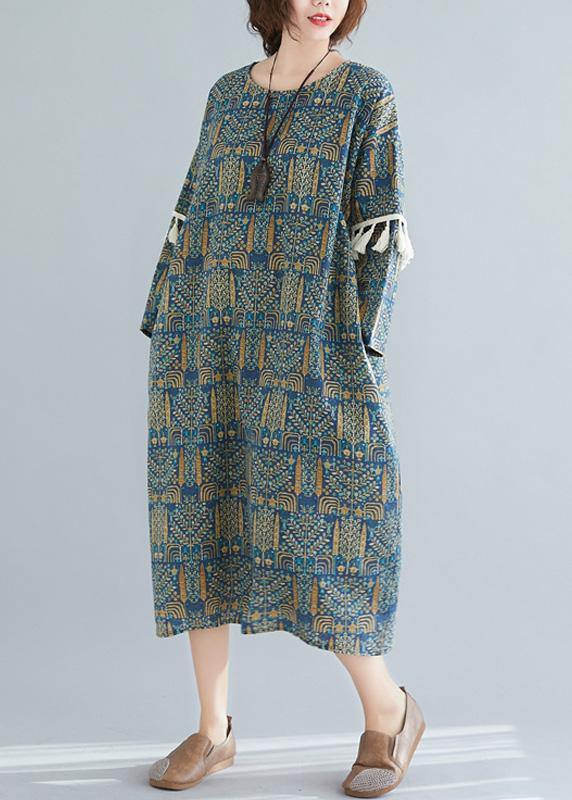 Vivid Blue Print Linen Clothes O Neck Tassel Long Spring Dresses