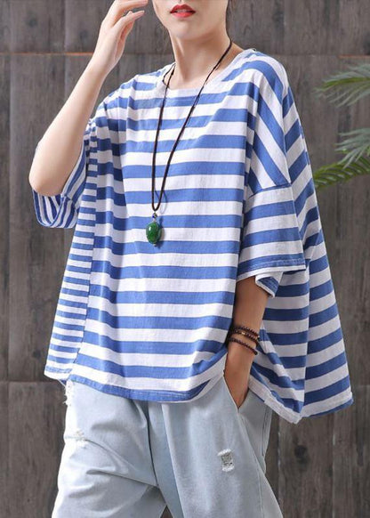 Vivid Blue Striped Cotton Shirts Batwing Sleeve Top