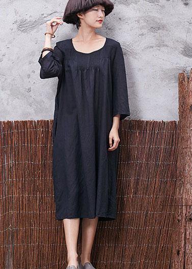 Vivid Bracelet Sleeved Cotton Linen Quilting Clothes Inspiration Black Cinched Dress Summer