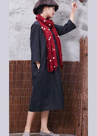 Vivid Bracelet Sleeved Cotton Linen Quilting Clothes Inspiration Black Cinched Dress Summer