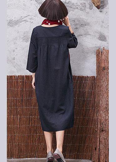 Vivid Bracelet Sleeved Cotton Linen Quilting Clothes Inspiration Black Cinched Dress Summer