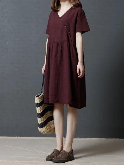 Vivid Burgundy Plaid Linen Cotton Clothes for V Neck Cinched Daily Dresses