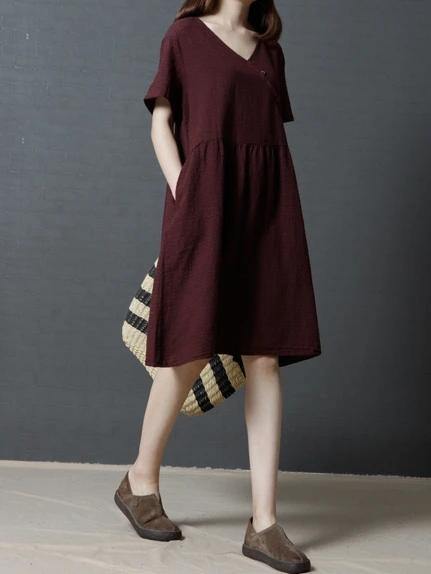 Vivid Burgundy Plaid Linen Cotton Clothes for V Neck Cinched Daily Dresses