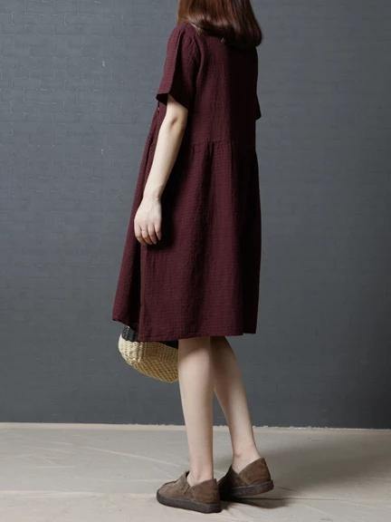 Vivid Burgundy Plaid Linen Cotton Clothes for V Neck Cinched Daily Dresses