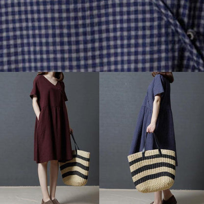 Vivid Burgundy Plaid Linen Cotton Clothes for V Neck Cinched Daily Dresses