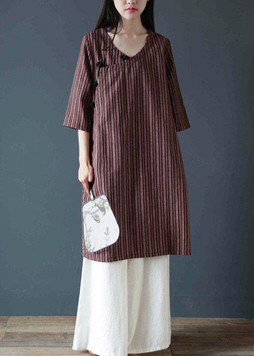Vivid Chocolate Striped Cotton Dress V Neck Dress