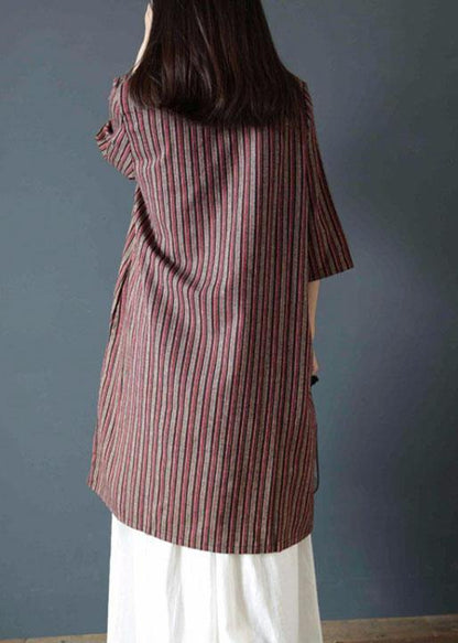 Vivid Chocolate Striped Cotton Dress V Neck Dress